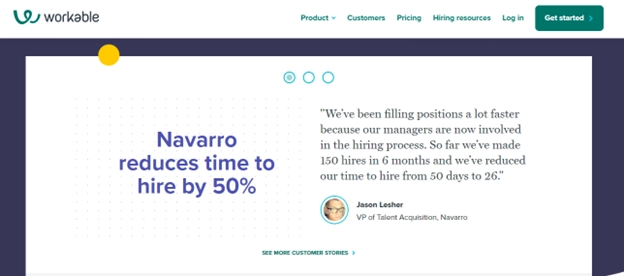 Workable, recruitment software is showcasing customer reviews on its homepage.
