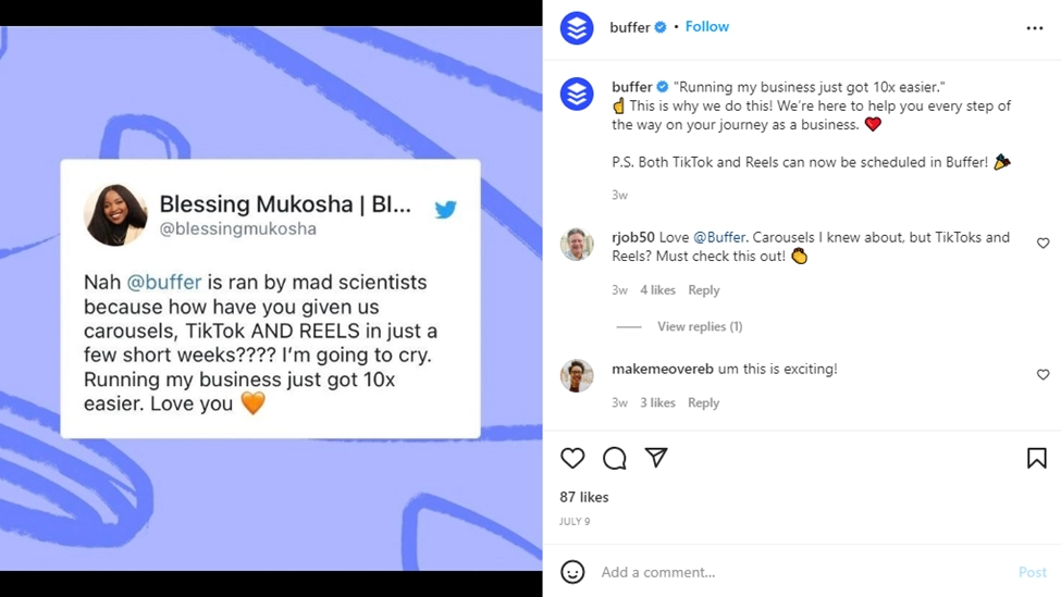 Customer review shared by Buffer on its Instagram page